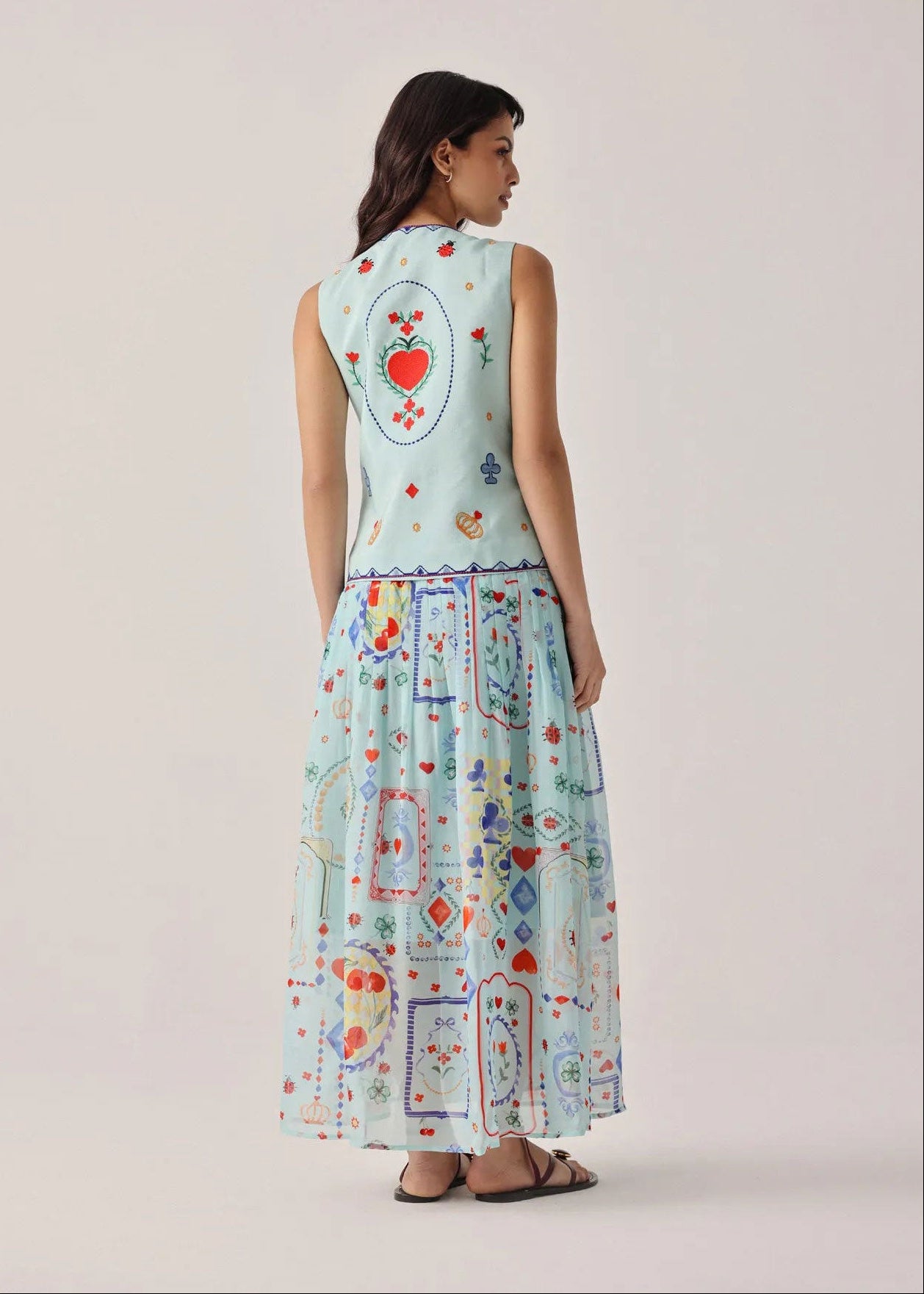 NOIB Back view showing embroidered heart panel and gathered maxi skirt