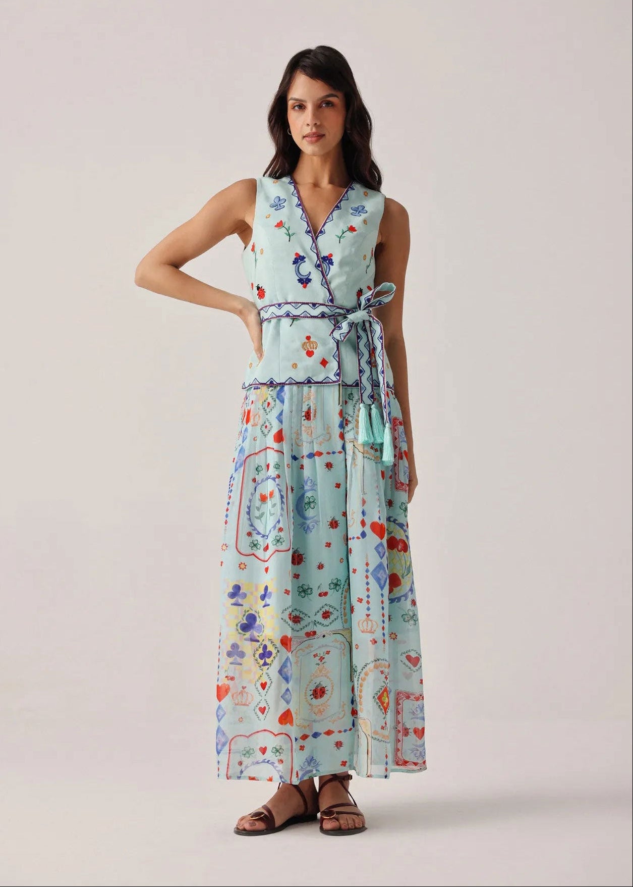 NOIB NOIB Avery maxi dress in tarot print, sage blue vest top with gathered maxi skirt
