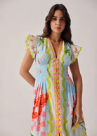 Bodice detail with pleated waist, scalloped trim and lobster motif print