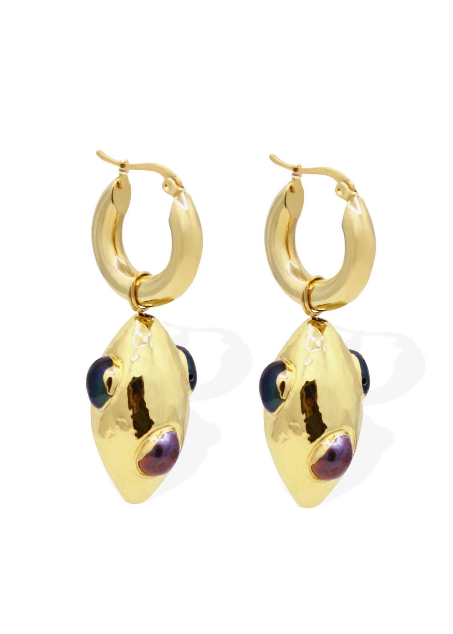 By Alona By Alona Orion earrings in 18k gold, hammered marquise drop with peacock pearls