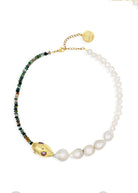 By Alona Orion necklace, Indian agate beads, keshi pearls and a sculpted gold drop