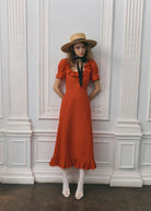 Queens of Archive Darcy dress in tomato red, ruffled neckline with puff sleeves and tiered hem