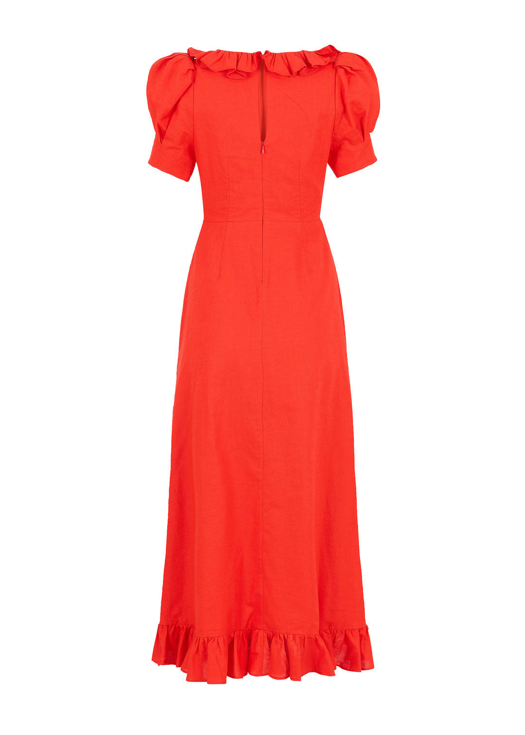 Queens of Archive Back view, centre back zip and gathered ruffle at the neckline