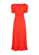Back view, centre back zip and gathered ruffle at the neckline