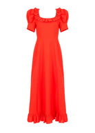 Front view, ruffled neckline, puff sleeves and ruffled hem on red linen