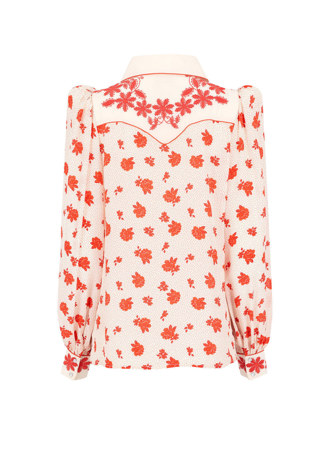 Queens of Archive Back view, embroidered yoke and gathered blouson sleeves on rose-print silk