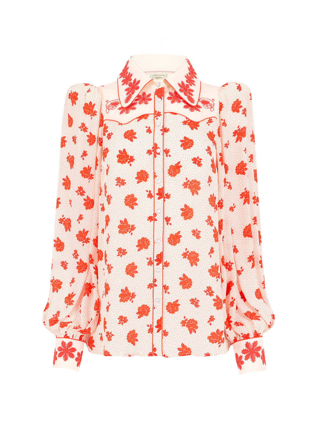 Queens of Archive Front view, embroidered western yoke, point collar and concealed placket on rose-print silk