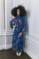 Queens of Archive Marnie dress in cobalt floral chiffon, neck-tie maxi with blouson sleeves
