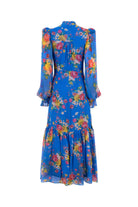 Back view, gathered yoke and tiered skirt panel on rose-print chiffon