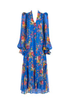 Front view, V-neck button placket and ballooned cuffs on rose-print chiffon
