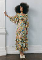 Queens of Archive Eleanor dress in watercolour floral, tiered chiffon maxi with ruffled bell sleeves
