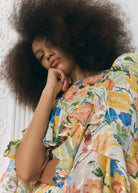 Bodice and sleeve detail, gathered chiffon ruffles in soft watercolour bouquet print