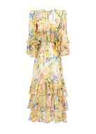 Back view, gathered bodice and tiered hem with cascading sleeve ruffles