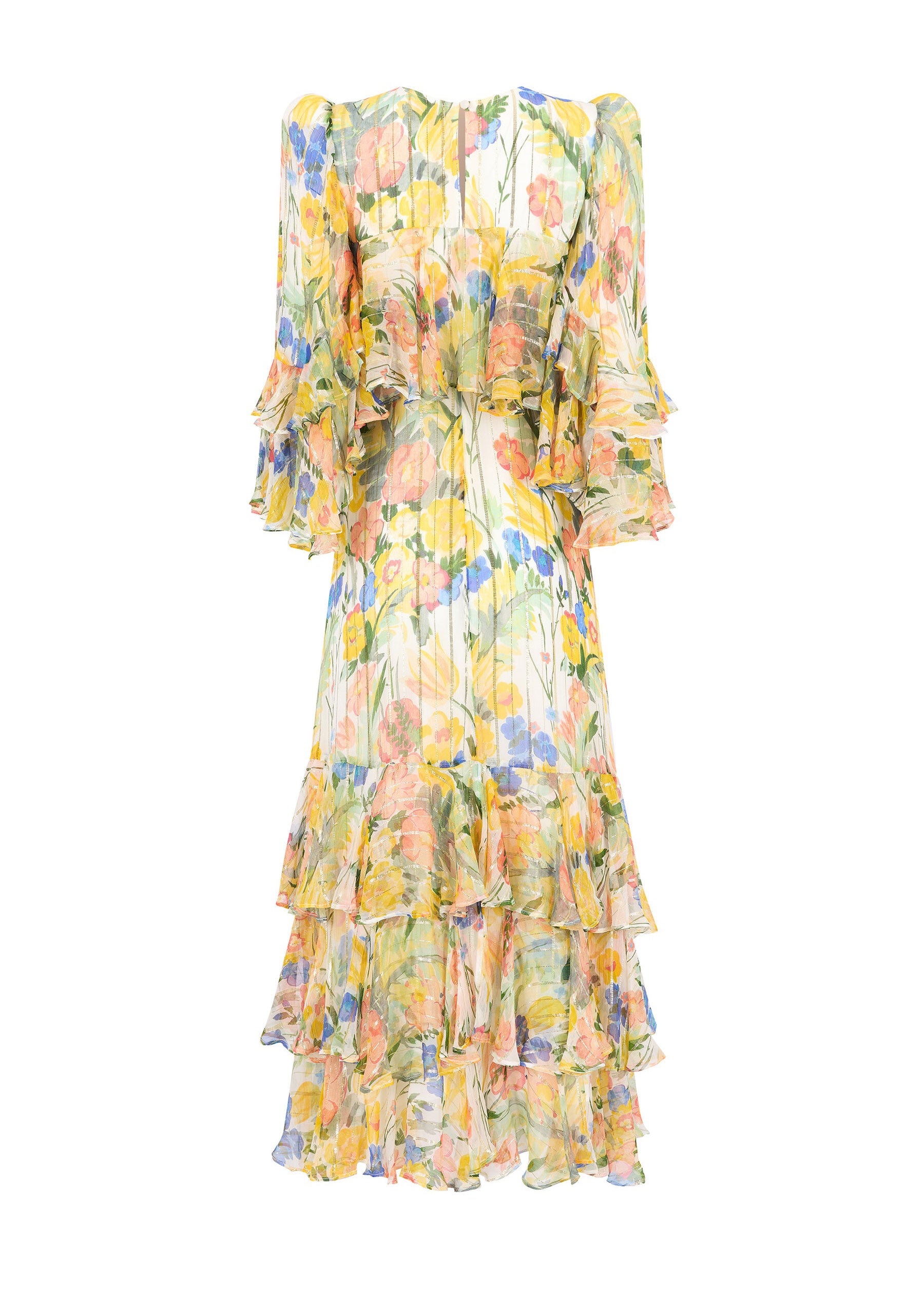 Queens of Archive Back view, gathered bodice and tiered hem with cascading sleeve ruffles