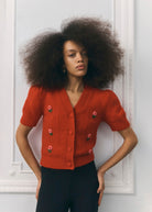 Queens of Archive Klara cardigan in red, puff-sleeve cable knit with rosebud embroidery and V-neck