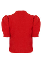 Back view, puff sleeves and ribbed crew neck on red knit