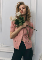Queens of Archive Johanna cardigan in rose pink, puff-sleeve knit with rosebud embroidery