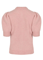 Back view, puff sleeves and ribbed crew neck on rose-pink knit