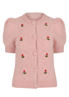 Front view, button placket and pointelle diamonds dotted with red rosebuds