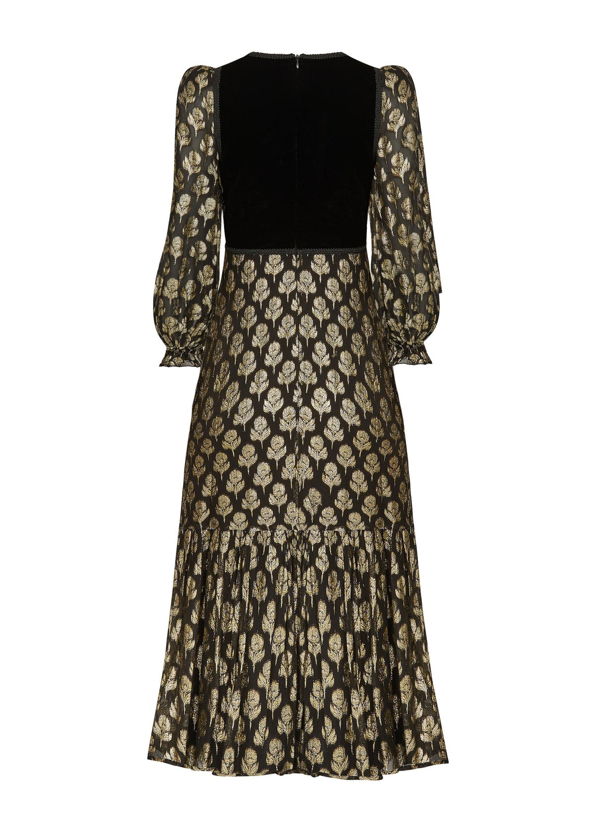 Queens of Archive Back view, zip fastening at the neck, velvet yoke and gathered tiered hem