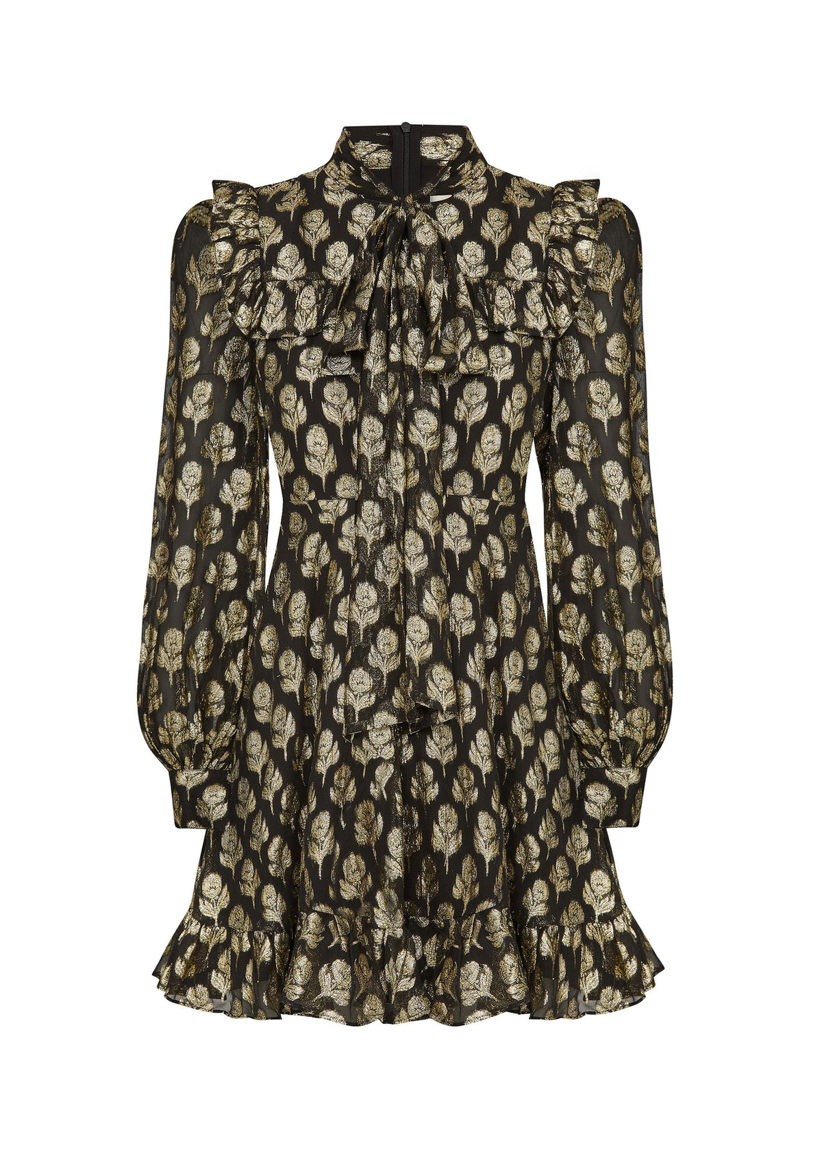 Queens of Archive Front view, tie-neck bow, ruffled shoulder yoke and gathered cuffs on blouson sleeves