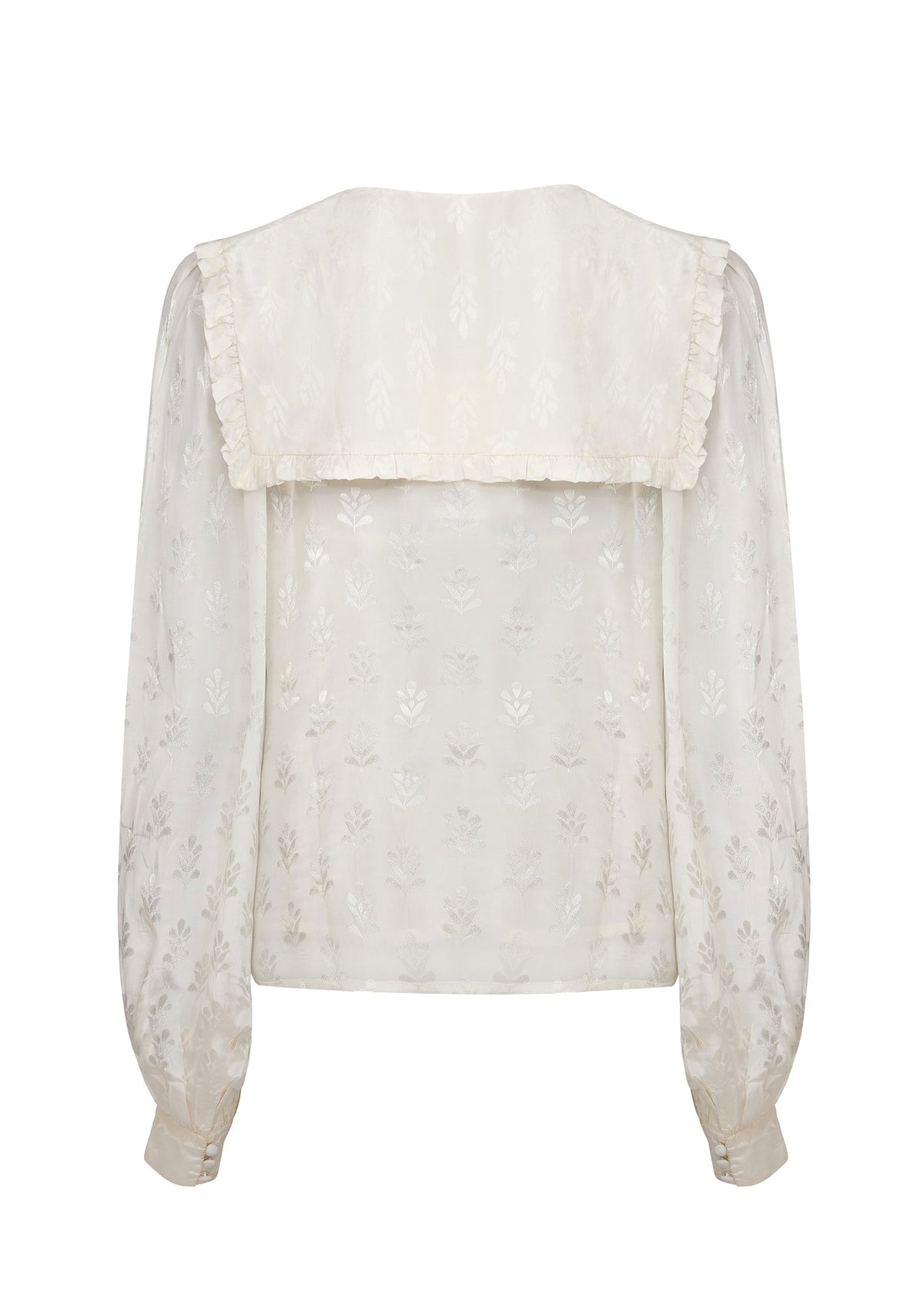 Queens of Archive Back view, deep square collar with ruffle edge and gathered sleeves