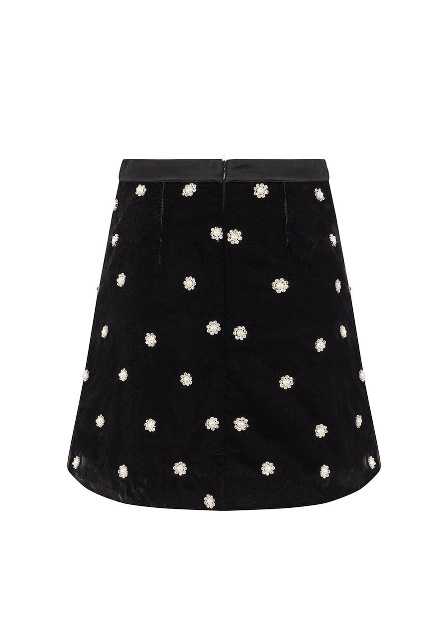 Queens of Archive Back view, centre back zip and flower beading across the A-line hem
