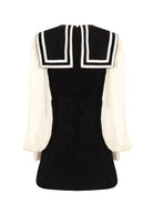 Back view, square striped collar, centre back zip and gathered cream sleeves