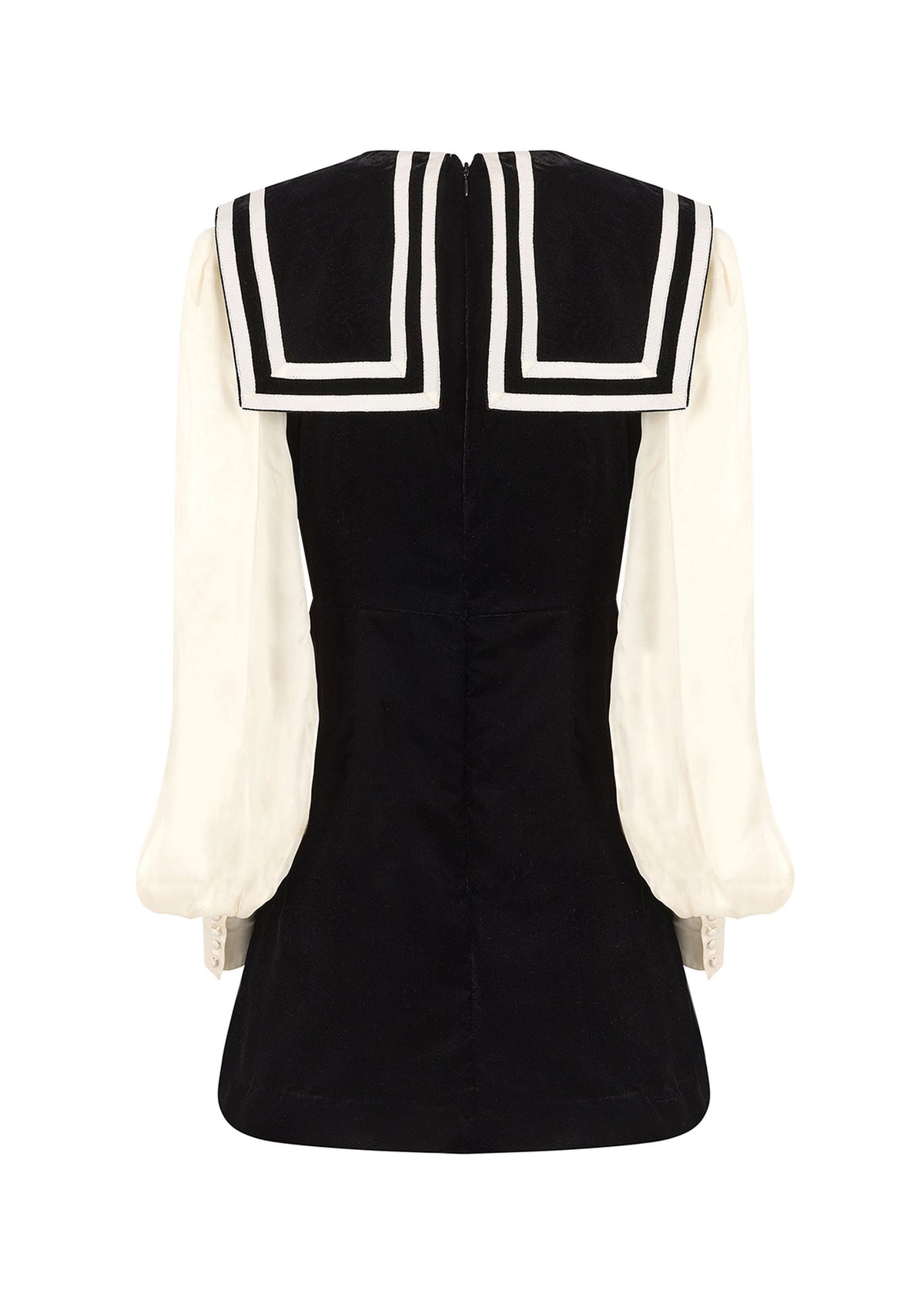 Queens of Archive Back view, square striped collar, centre back zip and gathered cream sleeves