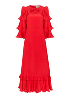 Front view, three-tier ruffle sleeves, ruffled yoke and double frill at the hem
