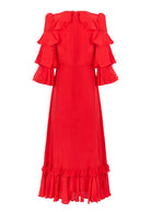 Back view, centre-back zip, ruffled shoulder detail and double-tiered hem frill