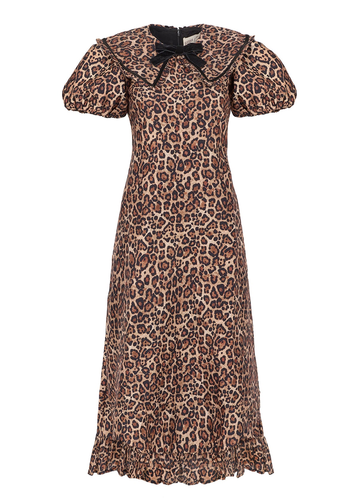 Queens of Archive Front view, gathered puff sleeves, collar bow and narrow ruffle at the hem