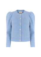 Front on white, crystal buttons down the placket, ribbed crew neck and hem