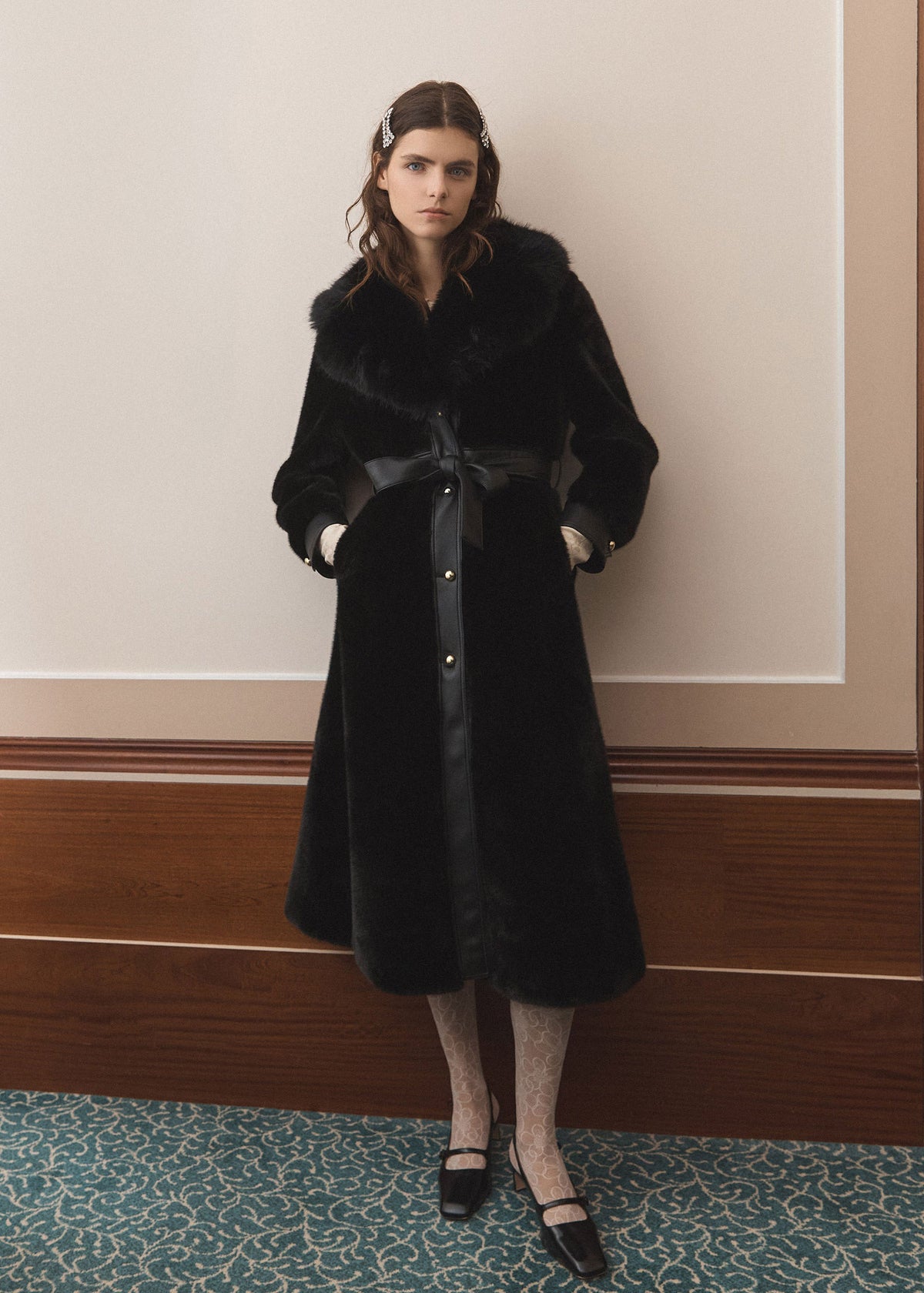 Queens of Archive Queens of Archive Vivienne long coat in black, plush pile with fur collar, belted waist and gold snaps