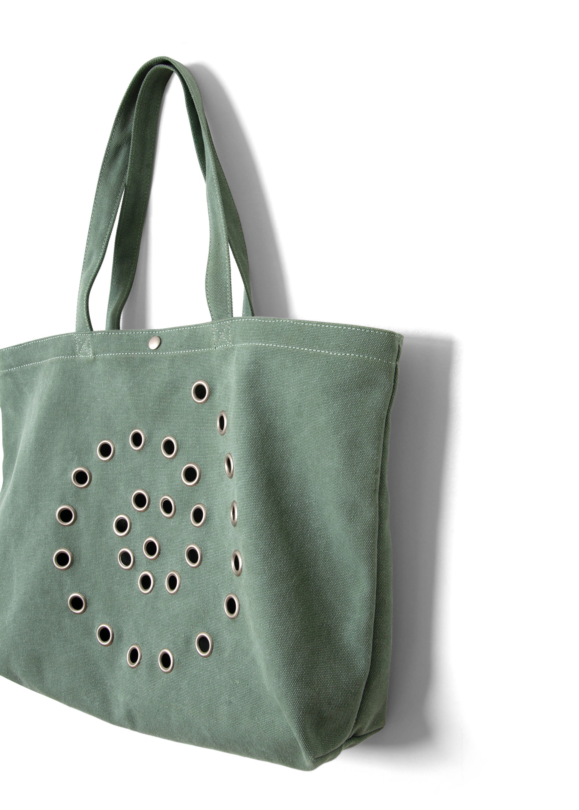 Damson Madder Side view, mint tote with structured gusset