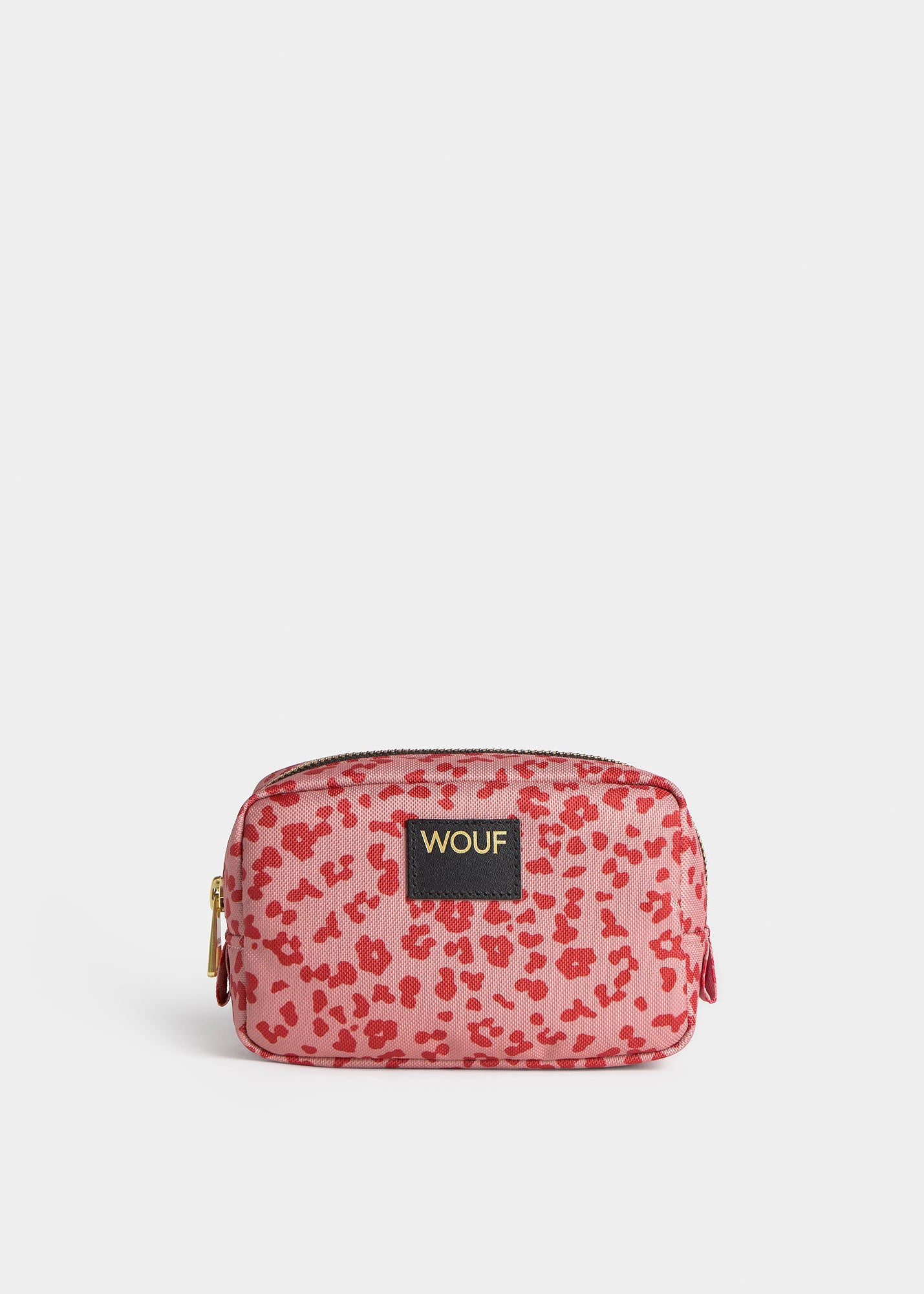 Pink leopard print pouch with 'WOUF' branding on a white background