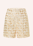 Flat product shot, tailored shorts with pleats and centre waistband button