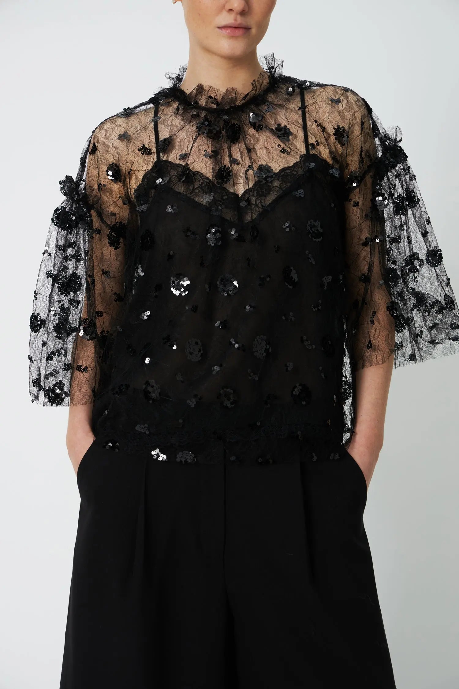 Stella Nova Sequins Mesh Blouse - Black