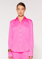 Serena Bute crinkled satin Paris shirt in shocking pink, point collar and relaxed silhouette