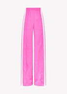 Flat view with the drawstring released, full-length wide-leg drape