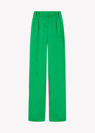 Front view of the wide-leg trouser, hook-and-bar waist closure on green