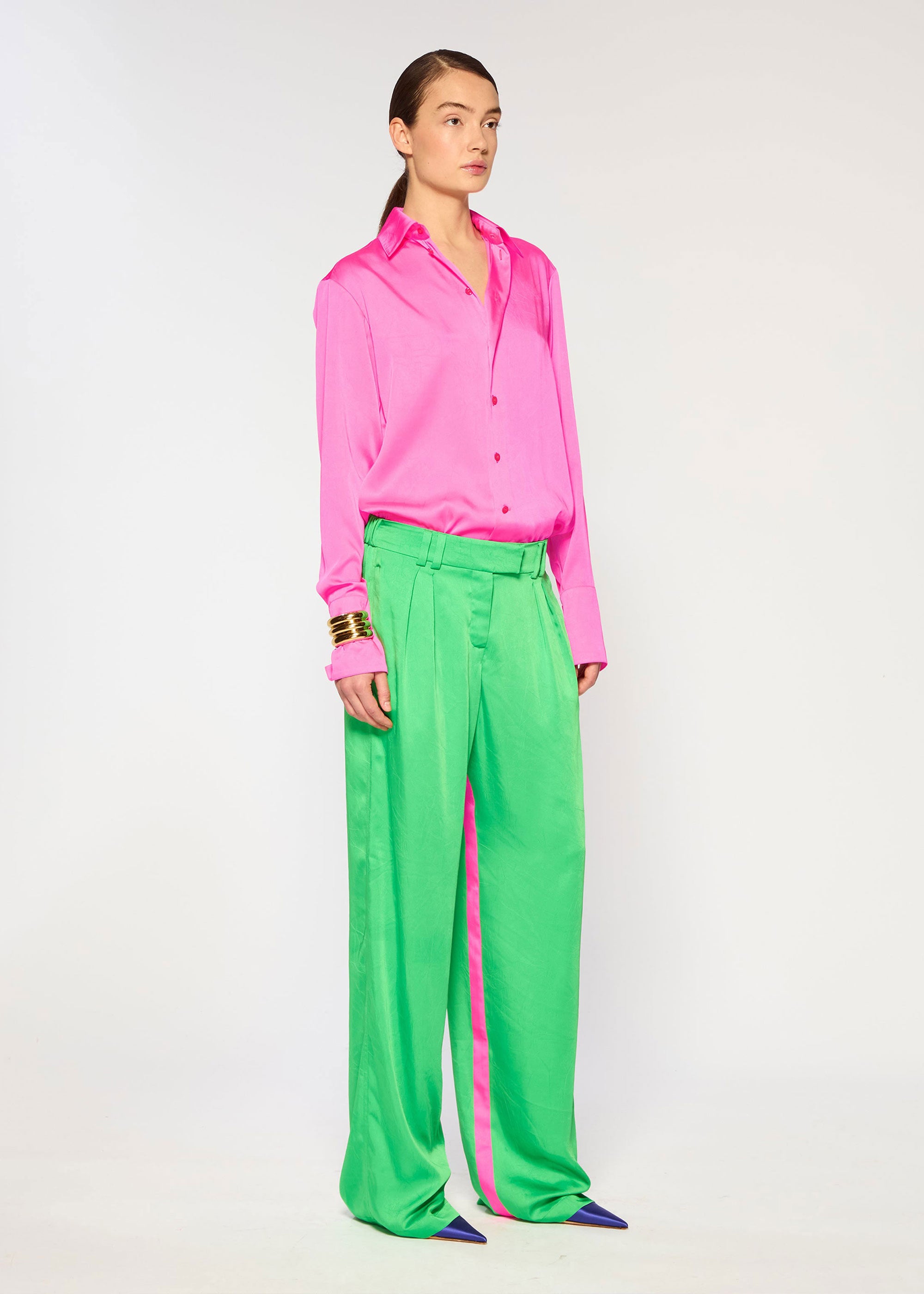 Serena Bute Crinkled Satin Boyfriend Trousers - Classic Green