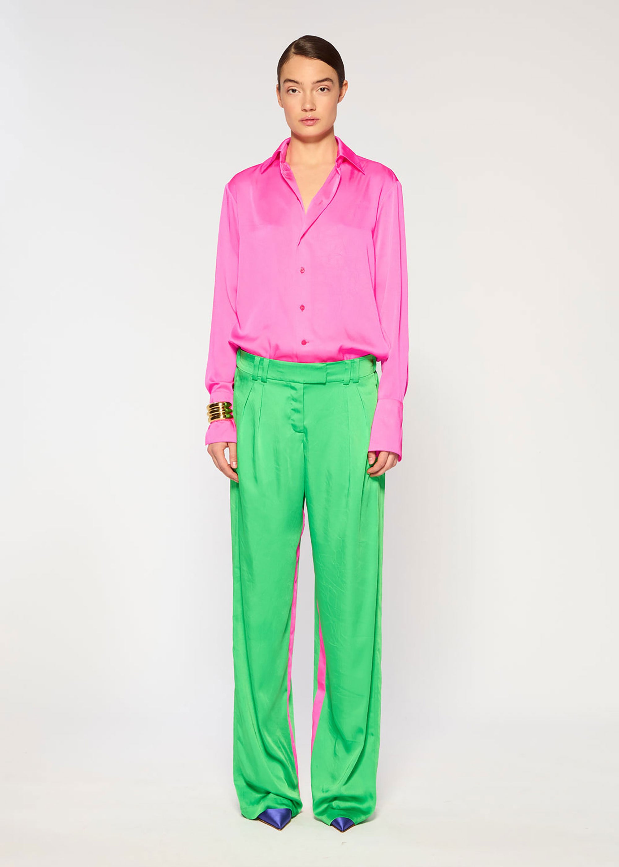 Serena Bute Crinkled Satin Boyfriend Trousers - Classic Green