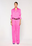 Serena Bute crinkled satin boyfriend trousers in shocking pink, pleated front and wide leg