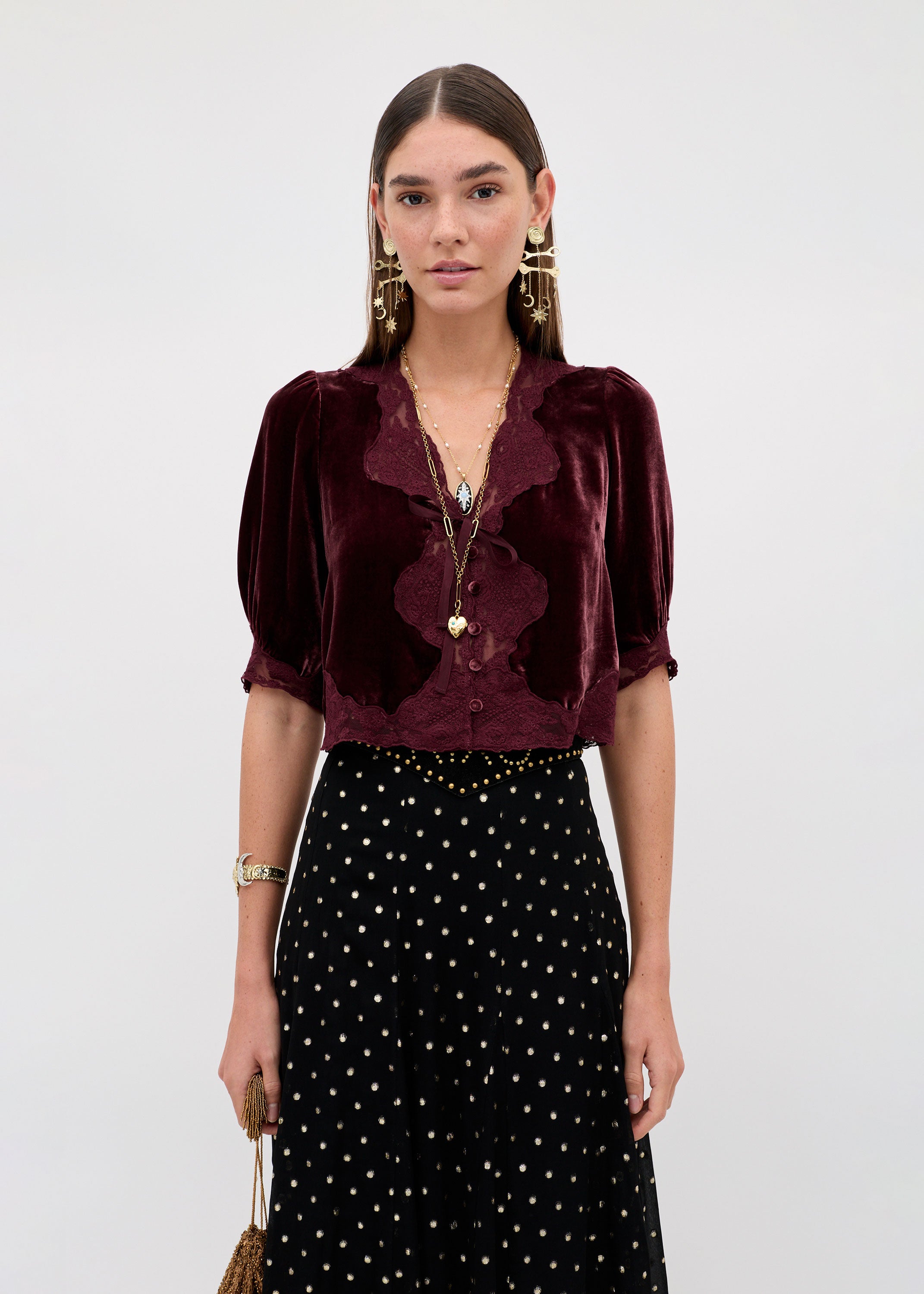 Rixo Ursula Silk-Velvet Top - Bordeaux