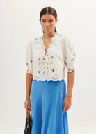 Front view with tie-front fastening and short puff sleeves