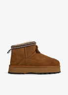 Emu Mim platform ankle boot in chestnut suede, woven zigzag trim and suede tassel
