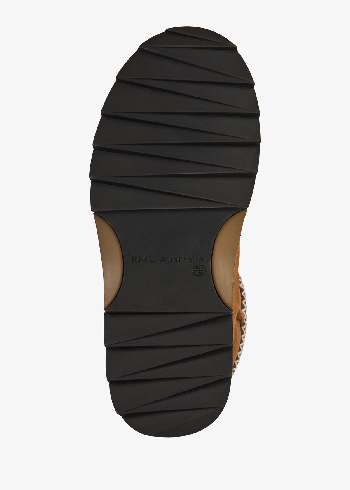 Emu Sole detail, black zigzag tread and EMU Australia stamp with tan heel arch