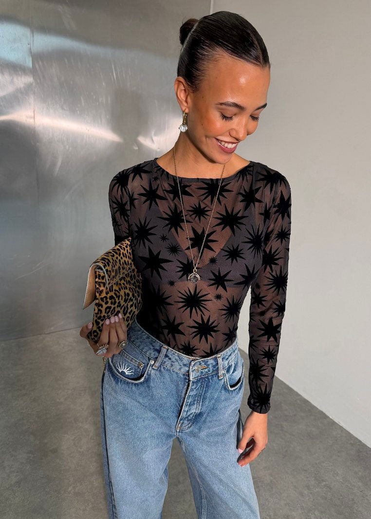 Never Fully Dressed Never Fully Dressed black star devore bodysuit, sheer mesh with flocked stars