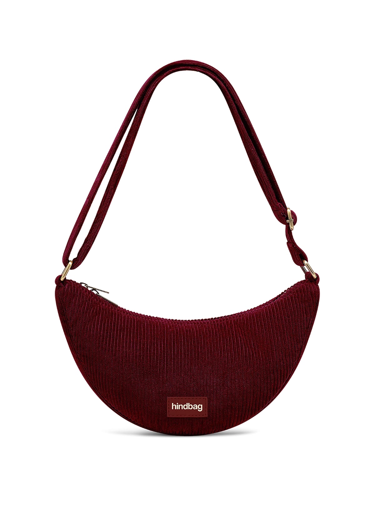 Hindbag Hindbag Andrea crossbody bag in bordeaux corduroy, ribbed half-moon silhouette with zip top
